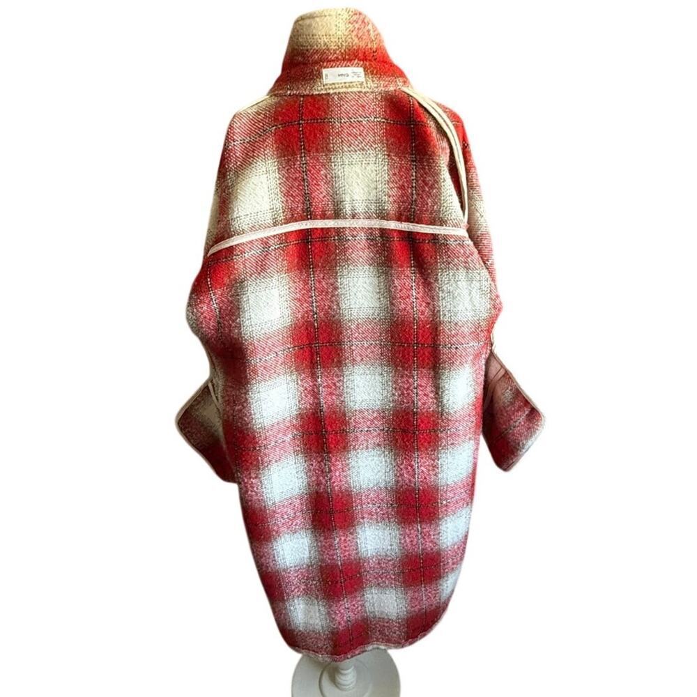 Mango Plaid Shirt Coat Red Black Cream Oversized Shacket Women’s M/L Wool Blend - Picture 8 of 11
